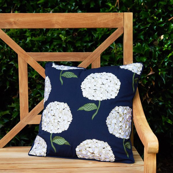 White Hydrangea on Navy Indoor Outdoor Pillow Online now