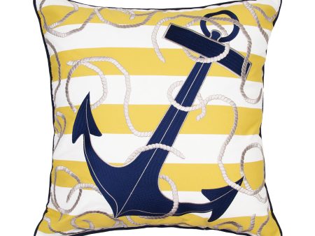 Yellow Stripe Blue Anchor Embroidered Indoor Outdoor Pillow Hot on Sale