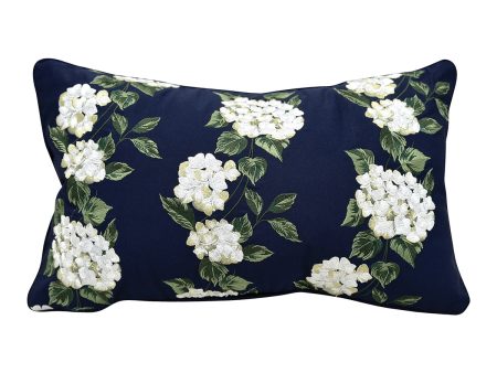 White Hydrangea on Navy Lumbar Indoor Outdoor Pillow For Sale