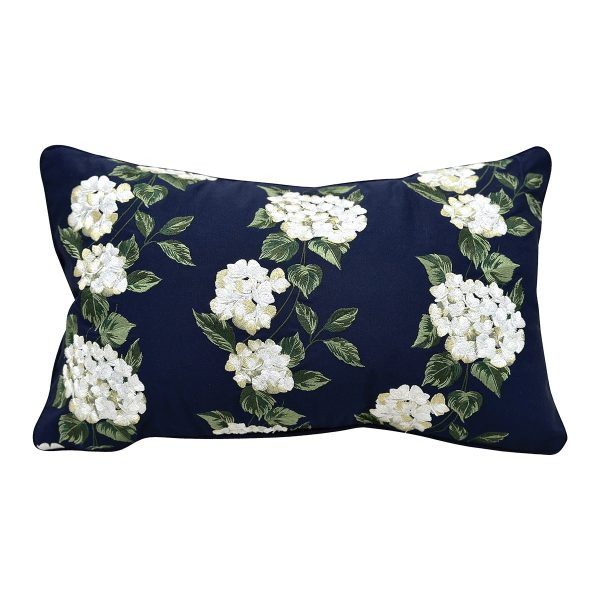 White Hydrangea on Navy Lumbar Indoor Outdoor Pillow For Sale